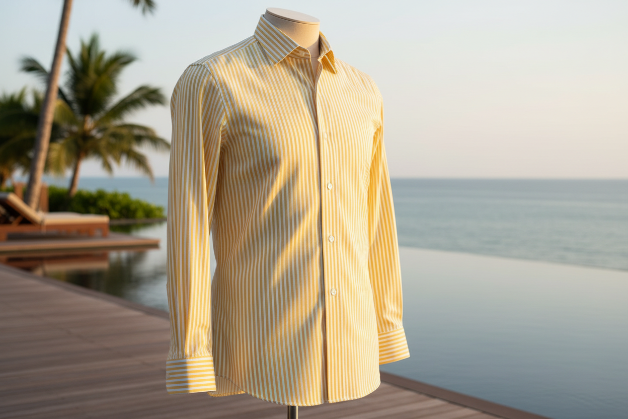 2 – Yellow & White Vertical Stripe Oxford (Resort Luxe
Comfort)
• Category: Smart Casual / Resort Premium
• Fabric: 97% Long-Staple Cotton + 3% Lycra Oxford
• Yarn Count: 80/2 × 40/2
• Weight: 145–150 g/m²
• Weave: Oxford 2×2 Basket
• Finish: Enzyme Washed, Liquid Ammonia, Nano Wrinkle-
Resistant, Pre-Shrunk
• Pantone: 13-0850 “Primrose Yellow” × 11-0601 “White” CREATE LUXURY IMAGES