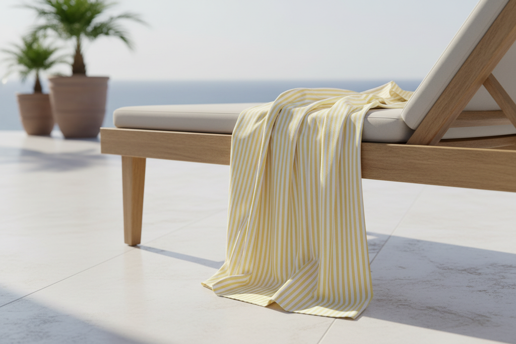 2 – Yellow & White Vertical Stripe Oxford (Resort Luxe
Comfort)
• Category: Smart Casual / Resort Premium
• Fabric: 97% Long-Staple Cotton + 3% Lycra Oxford
• Yarn Count: 80/2 × 40/2
• Weight: 145–150 g/m²
• Weave: Oxford 2×2 Basket
• Finish: Enzyme Washed, Liquid Ammonia, Nano Wrinkle-
Resistant, Pre-Shrunk
• Pantone: 13-0850 “Primrose Yellow” × 11-0601 “White”