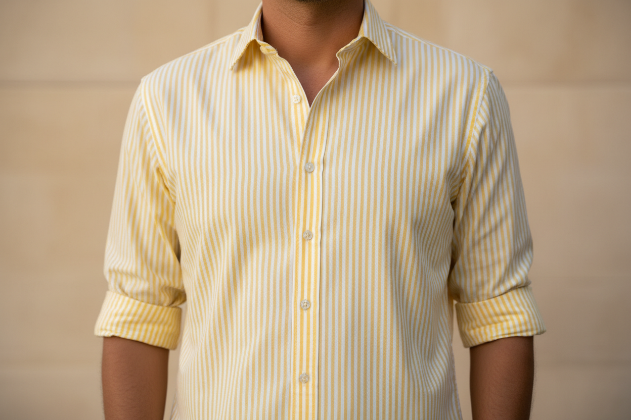 2 – Yellow & White Vertical Stripe Oxford (Resort Luxe
Comfort)
• Category: Smart Casual / Resort Premium
• Fabric: 97% Long-Staple Cotton + 3% Lycra Oxford
• Yarn Count: 80/2 × 40/2
• Weight: 145–150 g/m²
• Weave: Oxford 2×2 Basket
• Finish: Enzyme Washed, Liquid Ammonia, Nano Wrinkle-
Resistant, Pre-Shrunk
• Pantone: 13-0850 “Primrose Yellow” × 11-0601 “White” SOMEONE WEARNING BUT NOT SHOWING FACE