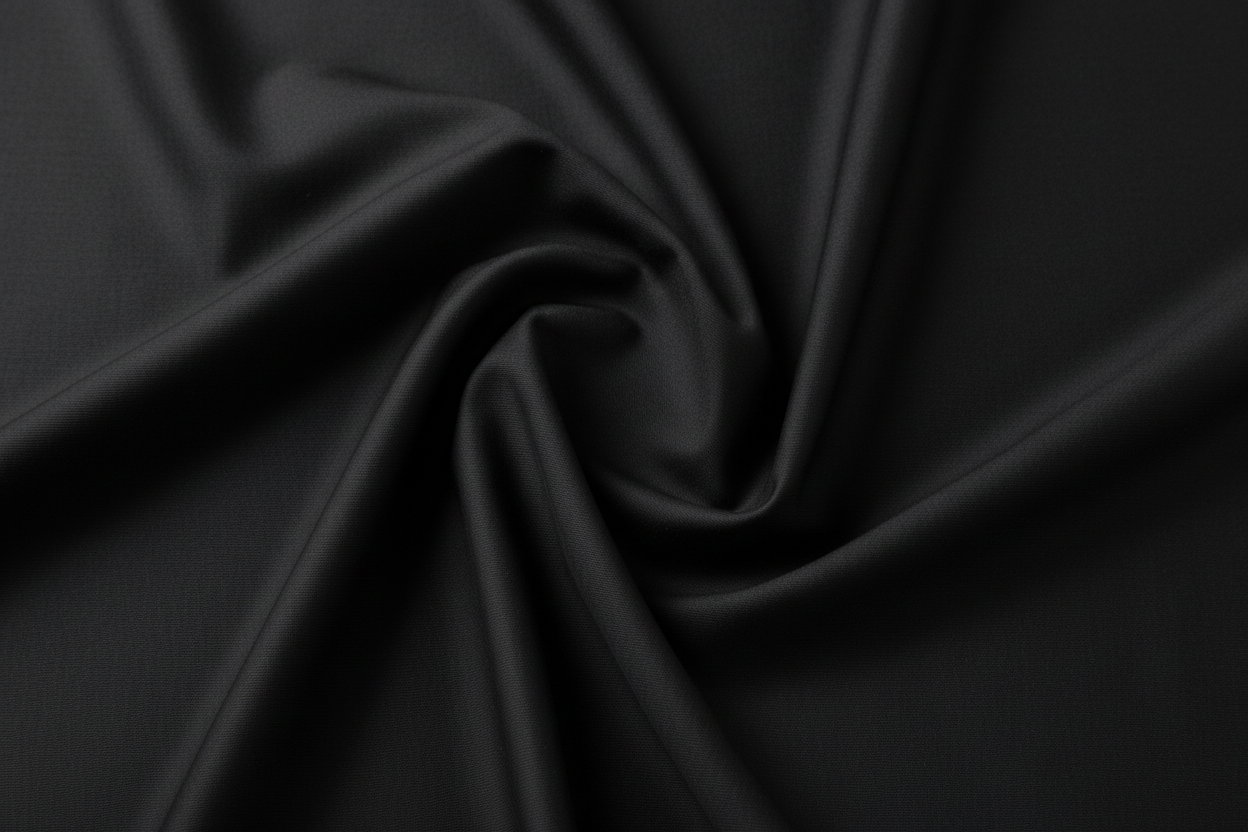 create 5 – Jet Black Stretch Poplin (Evening Executive)
• Category: Business Formal / Evening Line
• Fabric: 96% Egyptian Cotton + 4% Lycra
• Yarn Count: 80/2 × 80/2
• Weight: 140 g/m²
• Finish: Reactive Dyed (Anti-Fade), Nano Wrinkle-Resistant,
Liquid Soft Finish, Mercerized
• Pantone: 19-4005 “Jet Black” very premium