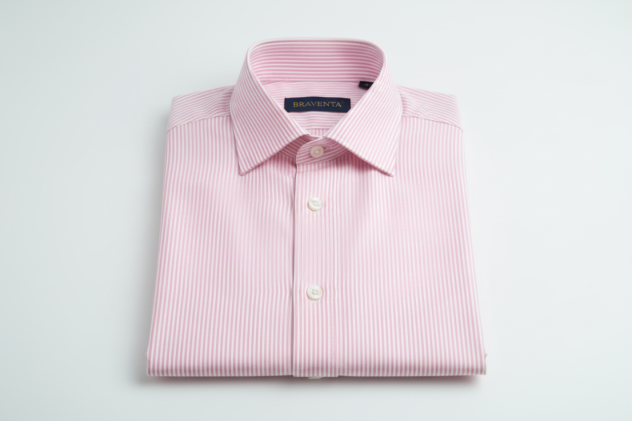 Create a premium men’s button-down shirt with light pink and white vertical pinstripes, using very thin, evenly spaced lines (about 2–2.5 mm per stripe). Use poplin fabric with a smooth, crisp texture. Include a button-down collar, white/pearl buttons, and a clean front placket.
Do NOT add any chest logo.Inside the collar, place a BRAVENTA neck label (replace the sample brand).
The shirt should be shown neatly folded, photographed in a clean white studio background, and styled in a European Modern Comfor