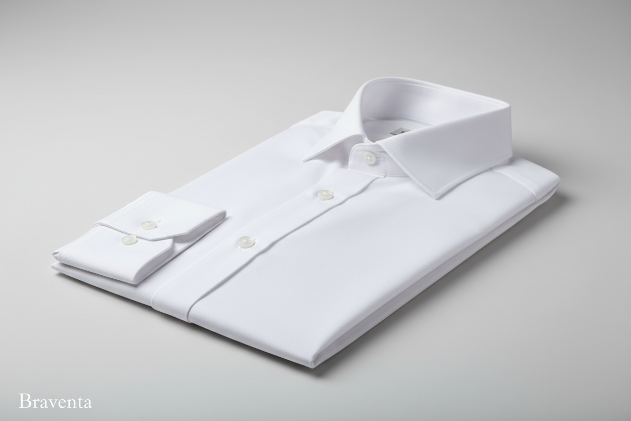 create for me this image – – White Solid Poplin (Signature Comfort Stretch)
• Category: Business Formal / Core Signature
• Fabric: 98% Long-Staple Egyptian Cotton + 2% Lycra
• Yarn Count: 100/2 × 100/2
• Weight: 130 g/m²
• Finish: Double Mercerized, Liquid Ammonia, Optical
Bleach, Nano Non-Iron Shield
• Pantone: 11-0601 “Optical White” with Braventa on it 