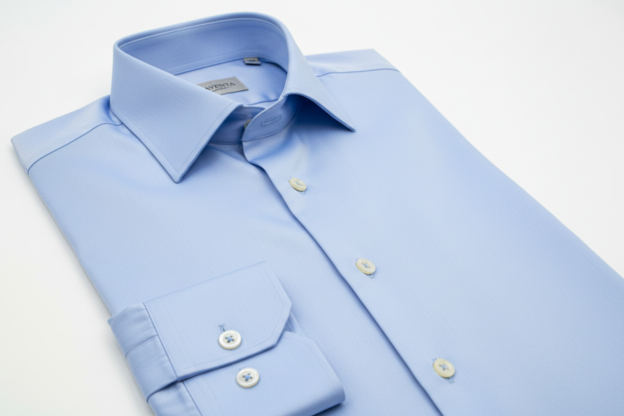FOR BRAVENTA CREATE THE BELOW Bring refined authority to your professional wardrobe with the BRAVENTA Light Blue Satin Poplin Shirt, crafted from premium Egyptian Giza cotton blended with Lycra for elevated comfort and flexibility. Designed for executives who demand style, performance, and sophistication, this shirt features a fine 100/2 × 100/2 yarn count, giving the fabric its ultra-smooth, satin-like surface.

The elegant Powder Blue (Pantone 14-4318) tone offers a polished and confident look suitable fo