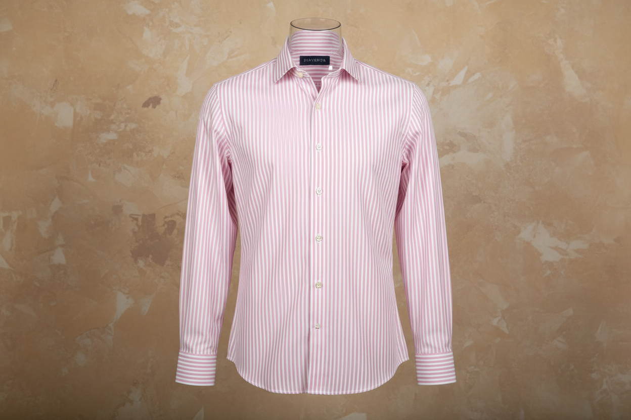 it hangs good but strip need to be tween 2-2.5mm as it is with below A premium men’s shirt with light pink × white vertical pinstripes, each 2–2.5 mm wide, shown on a mannequin (hanged presentation).
Smooth poplin fabric, button-down collar, white buttons, no chest logo.
Place a subtle BRAVENTA neck label inside the collar.
Studio lighting, clean background, premium appearance, European Modern Comfort Fit.