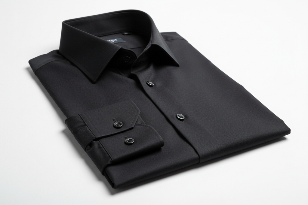 one side folded shirt 5 – Jet Black Stretch Poplin (Evening Executive)
• Category: Business Formal / Evening Line
• Fabric: 96% Egyptian Cotton + 4% Lycra
• Yarn Count: 80/2 × 80/2
• Weight: 140 g/m²
• Finish: Reactive Dyed (Anti-Fade), Nano Wrinkle-Resistant,
Liquid Soft Finish, Mercerized
• Pantone: 19-4005 “Jet Black”