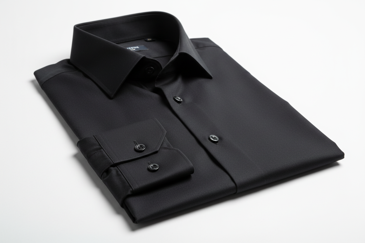 one side folded shirt 5 – Jet Black Stretch Poplin (Evening Executive)
• Category: Business Formal / Evening Line
• Fabric: 96% Egyptian Cotton + 4% Lycra
• Yarn Count: 80/2 × 80/2
• Weight: 140 g/m²
• Finish: Reactive Dyed (Anti-Fade), Nano Wrinkle-Resistant,
Liquid Soft Finish, Mercerized
• Pantone: 19-4005 “Jet Black”