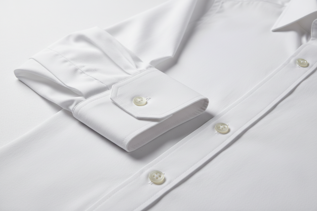 premium and luxury – White Solid Poplin (Signature Comfort Stretch)
• Category: Business Formal / Core Signature
• Fabric: 98% Long-Staple Egyptian Cotton + 2% Lycra
• Yarn Count: 100/2 × 100/2
• Weight: 130 g/m²
• Finish: Double Mercerized, Liquid Ammonia, Optical
Bleach, Nano Non-Iron Shield
• Pantone: 11-0601 “Optical White”
