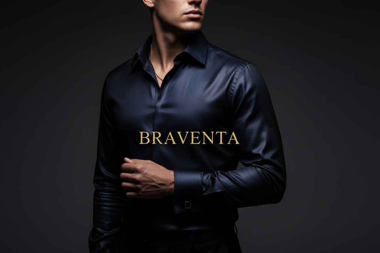 Ultra-premium fashion photoshoot of a male model wearing a deep navy / jet-black luxury dress shirt, tailored European fit, soft side lighting creating a dramatic high-contrast look, smooth satin poplin texture visible, background in dark charcoal gradient, gold accents, minimalist luxury aesthetic, BRAVENTA brand logo centered in elegant serif, shirt collar sharp and structured, premium editorial lighting, high-end menswear campaign style, 8K detail.